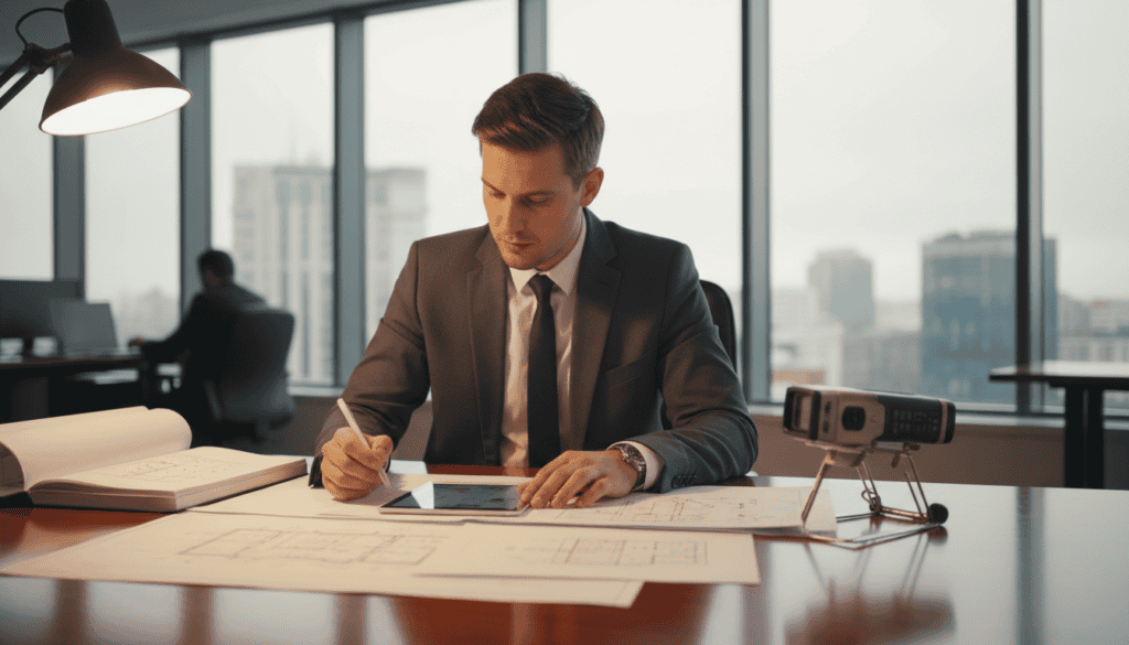 A professional setting showcasing the concept of "Standardy M w ekspertyzach technicznych." In the foreground, a polished wooden desk with blueprints and technical documents scattered across it. In the middle, a business professional dressed in a smart suit, reviewing the documents intently under warm ambient lighting. The background features a modern office with large windows, casting natural light over the scene. A sleek technical device, such as a measurement tool, is placed nearby to emphasize the technical aspect of the expertise. The atmosphere is serious and focused, capturing the meticulous nature of technical assessments and standards. The lens is set for a shallow depth of field, bringing attention to the subject and the desk items, while the background remains softly blurred. A professional setting showcasing the concept of "Standardy M w ekspertyzach technicznych." In the foreground, a polished wooden desk with blueprints and technical documents scattered across it. In the middle, a business professional dressed in a smart suit, reviewing the documents intently under warm ambient lighting. The background features a modern office with large windows, casting natural light over the scene. A sleek technical device, such as a measurement tool, is placed nearby to emphasize the technical aspect of the expertise. The atmosphere is serious and focused, capturing the meticulous nature of technical assessments and standards. The lens is set for a shallow depth of field, bringing attention to the subject and the desk items, while the background remains softly blurred.