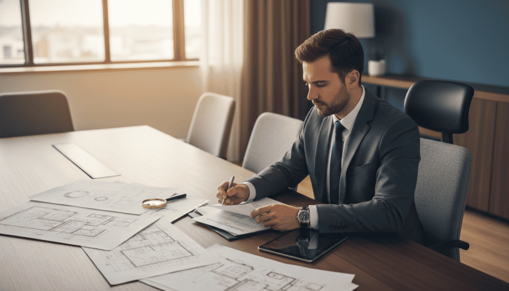 A professional setting showcasing the impact of technical expertise on compensation. In the foreground, a well-dressed consultant in a tailored suit reviewing documents on a desk, looking thoughtful. In the middle ground, a table with blueprints and technical diagrams spread out, emphasizing the intricate details of an expert assessment. In the background, a large window allowing soft natural light to filter in, illuminating the scene. The atmosphere is serious and focused, conveying the importance of accurate expertise in determining compensation values. The color palette should be muted and professional, with warm lighting highlighting the consultant’s expression. The camera angle is slightly elevated, capturing both the consultant and the documents, creating a sense of depth and engagement.