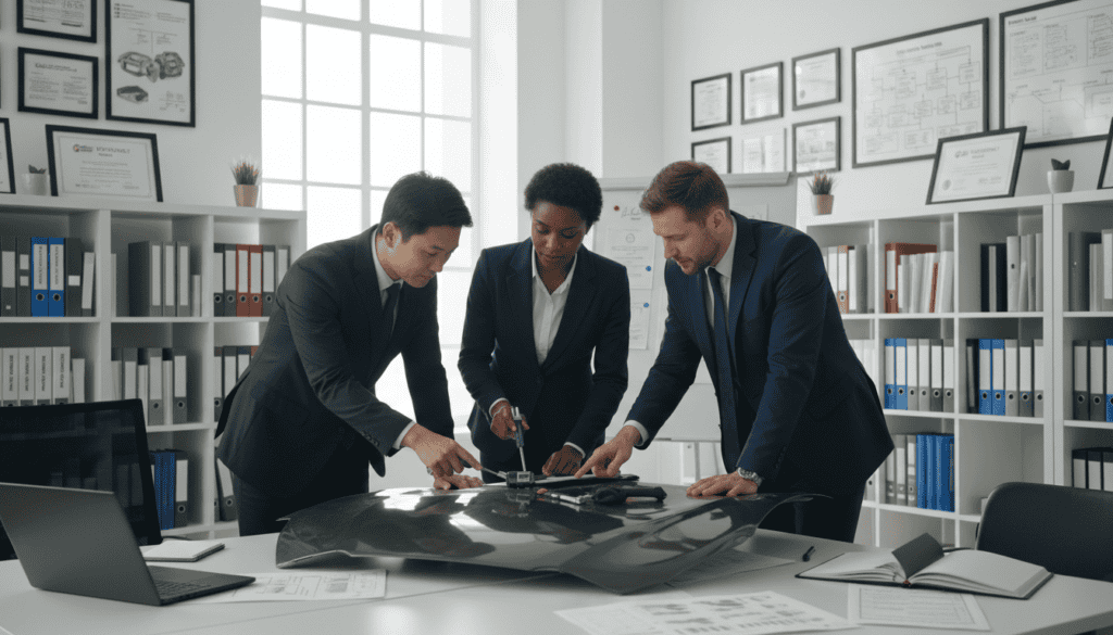 A professional technical assessment scene depicting a team of experts analyzing vehicle damage in a well-lit office environment. In the foreground, a diverse group of three experts, dressed in business attire, examines a damaged car hood with tools and documents spread out on a table. In the middle ground, a large window lets in natural light, casting soft shadows and creating an atmosphere of focus and diligence. There are forensic tools and diagrams displayed on the walls, adding to the technical detail. The background features shelves lined with automotive books and certification plaques, enhancing the professionalism of the setting. The mood is serious yet collaborative, emphasizing the importance of technical expertise in determining insurance compensation.
