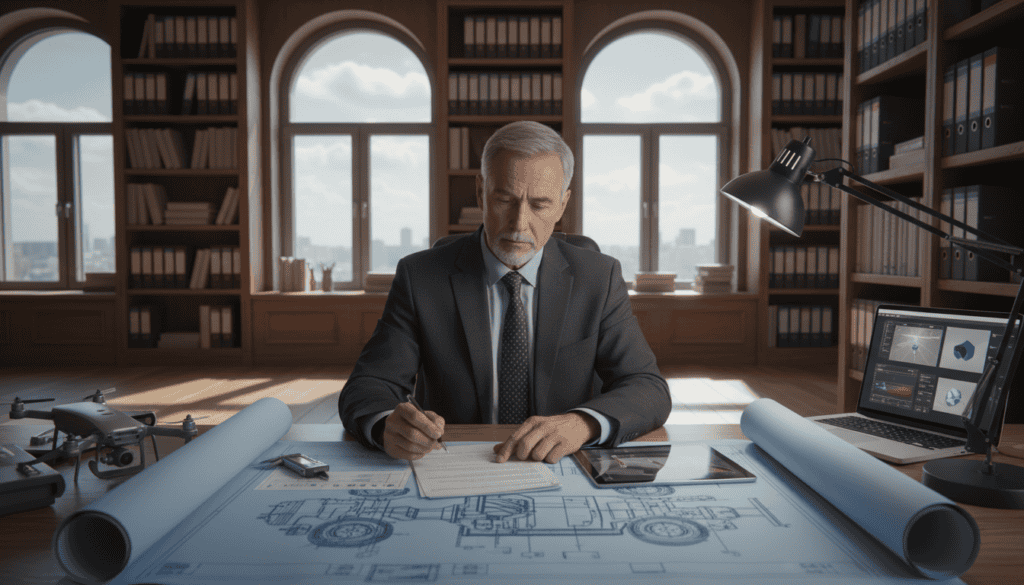 A professional technical expert analyzing a car accident scene in a well-lit office, with a detailed blueprint of a vehicle on the desk in the foreground. The expert, dressed in business professional attire, is intently reviewing documents, surrounded by advanced technical equipment and tools, signifying expertise. In the middle ground, large windows allow natural light to stream in, casting soft shadows, creating a warm and inviting atmosphere. The background features shelves filled with technical books and reports, highlighting the knowledge and resources available. The overall mood is serious yet conducive to professional assistance, emphasizing the importance of expert evaluation in determining compensation outcomes. A professional technical expert analyzing a car accident scene in a well-lit office, with a detailed blueprint of a vehicle on the desk in the foreground. The expert, dressed in business professional attire, is intently reviewing documents, surrounded by advanced technical equipment and tools, signifying expertise. In the middle ground, large windows allow natural light to stream in, casting soft shadows, creating a warm and inviting atmosphere. The background features shelves filled with technical books and reports, highlighting the knowledge and resources available. The overall mood is serious yet conducive to professional assistance, emphasizing the importance of expert evaluation in determining compensation outcomes.