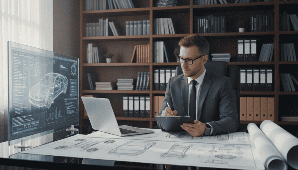 A professional technical expert examining vehicle damage in a well-lit office environment. In the foreground, a focused male expert in a tailored suit, holding a clipboard and making notes. He has glasses and is concentrating on detailed vehicle blueprints laid out on a sleek desk. In the middle ground, a digital display shows analysis tools and a modern laptop with technical data on screen. The background features shelves with technical manuals and case files, creating an atmosphere of seriousness and expertise. Soft, natural lighting from a window casts gentle shadows, enhancing the professionalism of the scene. The overall mood is analytical and focused, reflecting the careful selection process for technical expert evaluations.