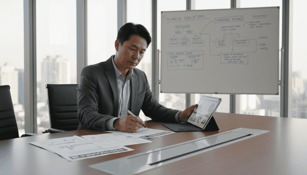 A professional technical expert reviewing documents related to automotive standards, sitting at a sleek, modern conference table. In the foreground, a set of well-organized papers labeled "Standard M" is spread out, accompanied by a tablet displaying charts and graphs. The expert, a middle-aged individual in business attire, is thoughtfully analyzing the documents. In the middle ground, a large window lets in natural light, illuminating the room with a warm, inviting glow. In the background, a whiteboard filled with diagrams and notes about technical evaluations and compensation decisions is visible. The atmosphere conveys seriousness and expertise, with a focus on clarity and professionalism. The lighting is bright and even, capturing the essence of a diligent workspace.