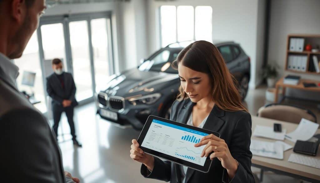 A professional vehicle appraisal scene set in a modern office environment. In the foreground, a well-dressed business person, either a male or female, is attentively inspecting a tablet displaying detailed vehicle valuation data. Their focused expression conveys professionalism and credibility. In the middle layer, a sleek, shiny vehicle can be seen parked beside a large window, allowing natural light to illuminate its features, symbolizing accurate valuation. The background showcases an organized office with a desk, charts, and financial documents, emphasizing an analytical atmosphere. The overall mood is serious yet optimistic, reflecting the benefits of a precise vehicle appraisal process. Use soft lighting to enhance clarity and a slightly angled perspective to create depth.