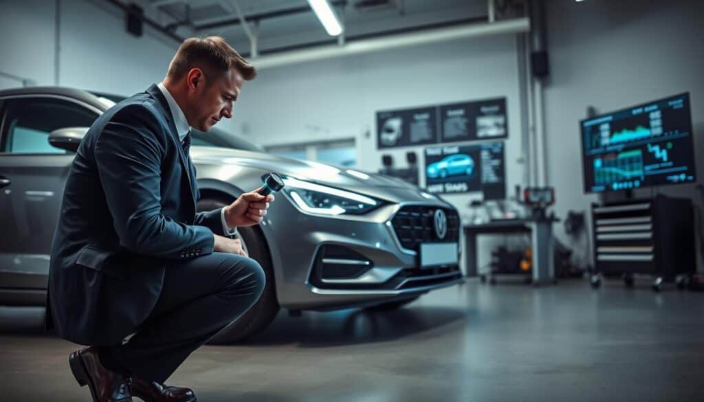A professional vehicle expert conducting an inspection on a sleek, modern car in a well-lit garage. In the foreground, the expert, dressed in smart business attire, is kneeling beside the vehicle, examining its undercarriage with a flashlight. The middle ground features detailed tools and diagnostic equipment, highlighting the meticulous nature of the evaluation. In the background, there are posters of vehicle standards and a large monitor displaying real-time data, creating a technical atmosphere. Soft, diffused lighting illuminates the scene, casting subtle shadows that suggest depth and focus. The mood conveys professionalism and critical appraisal, emphasizing the importance of thorough vehicle assessment in contrasting insurance valuations.