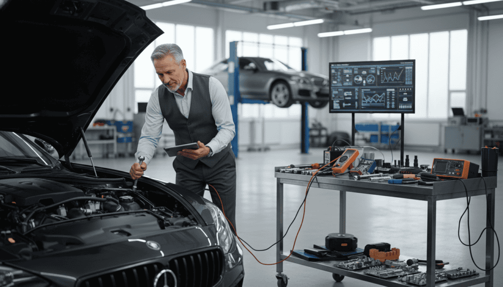A skilled automotive expert analyzing a car's technical details in a modern workshop setting. In the foreground, the expert, a middle-aged person in professional business attire, is inspecting vehicle components while using tools, showcasing a confident and knowledgeable demeanor. The middle layer features various automotive parts and diagnostic equipment neatly organized on a workbench, hinting at a thorough technical evaluation. In the background, bright lighting illuminates the workshop, highlighting a sleek car on a lift with diagnostic screens displaying data. The atmosphere exudes professionalism and expertise, emphasizing precision in automotive assessments. The lens captures a sharp focus on the expert, with a soft blur on the background to direct attention to the detailed work being performed. A skilled automotive expert analyzing a car's technical details in a modern workshop setting. In the foreground, the expert, a middle-aged person in professional business attire, is inspecting vehicle components while using tools, showcasing a confident and knowledgeable demeanor. The middle layer features various automotive parts and diagnostic equipment neatly organized on a workbench, hinting at a thorough technical evaluation. In the background, bright lighting illuminates the workshop, highlighting a sleek car on a lift with diagnostic screens displaying data. The atmosphere exudes professionalism and expertise, emphasizing precision in automotive assessments. The lens captures a sharp focus on the expert, with a soft blur on the background to direct attention to the detailed work being performed.