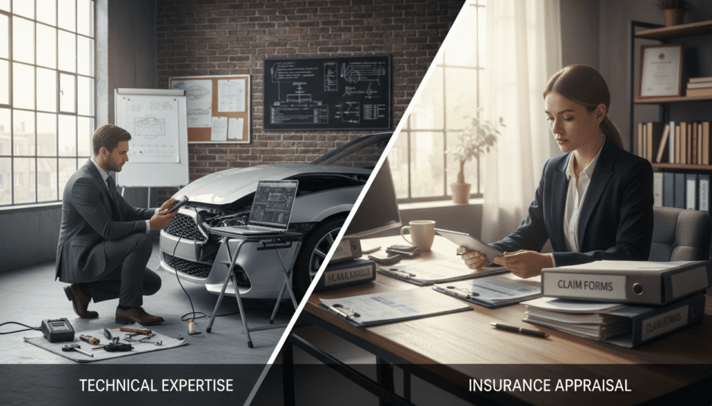 A split scene illustrating the contrast between a technical expertise evaluation and an insurance appraisal. In the foreground, a professional in business attire examines a damaged vehicle, using a laptop and technical tools, showcasing a detailed analysis. The background features a cozy office setting with blueprints and charts, symbolizing diligence and precision. On the other side, an insurance adjuster, also in professional clothing, analyzes documents and a tablet, surrounded by reports and claim forms, depicting the appraisal process. Soft natural lighting from large windows adds a bright, professional atmosphere. The image conveys a sense of clarity and professionalism while highlighting the distinct approaches of both evaluations. A split scene illustrating the contrast between a technical expertise evaluation and an insurance appraisal. In the foreground, a professional in business attire examines a damaged vehicle, using a laptop and technical tools, showcasing a detailed analysis. The background features a cozy office setting with blueprints and charts, symbolizing diligence and precision. On the other side, an insurance adjuster, also in professional clothing, analyzes documents and a tablet, surrounded by reports and claim forms, depicting the appraisal process. Soft natural lighting from large windows adds a bright, professional atmosphere. The image conveys a sense of clarity and professionalism while highlighting the distinct approaches of both evaluations.