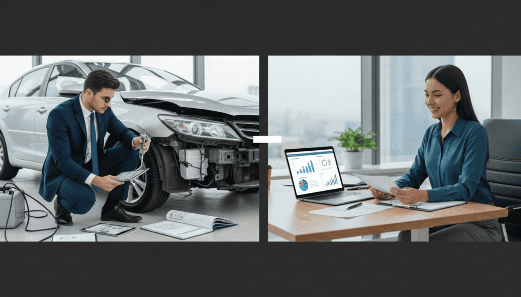 A split scene illustrating the contrast between technical expertise and insurance valuation. In the foreground, a professional in a sharp suit examines a damaged vehicle with a focused expression, surrounded by assessment tools and a detailed report, emphasizing precision and technicality. In the middle, a confident insurance adjuster, dressed in a smart casual outfit, reviews documents on a laptop, showcasing the valuation aspect with graphs and charts visible on the screen. In the background, a well-lit office space with large windows filters in soft natural light, creating an atmosphere of professionalism and clarity. The color palette is neutral with hints of blue and green to convey trust and reliability. The composition captures the dynamic between technical assessment and value estimation without text or distractions. A split scene illustrating the contrast between technical expertise and insurance valuation. In the foreground, a professional in a sharp suit examines a damaged vehicle with a focused expression, surrounded by assessment tools and a detailed report, emphasizing precision and technicality. In the middle, a confident insurance adjuster, dressed in a smart casual outfit, reviews documents on a laptop, showcasing the valuation aspect with graphs and charts visible on the screen. In the background, a well-lit office space with large windows filters in soft natural light, creating an atmosphere of professionalism and clarity. The color palette is neutral with hints of blue and green to convey trust and reliability. The composition captures the dynamic between technical assessment and value estimation without text or distractions.