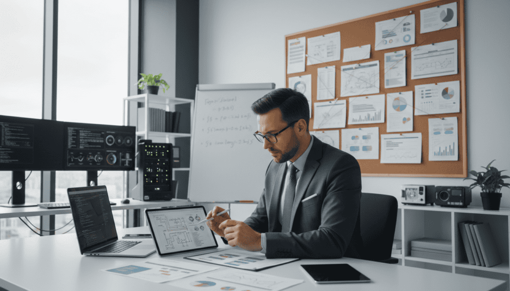 A technical expert in a modern office setting, intently analyzing detailed reports and diagrams on a sleek desk, surrounded by high-tech equipment. In the foreground, the expert, dressed in a professional business suit, is reviewing documents with a laptop open, displaying complex data. The middle layer features charts and technical specifications pinned on a bulletin board, symbolizing a methodical approach to creating technical expertise. Soft, natural lighting streams through large windows, creating a focused yet collaborative atmosphere. The background showcases a clean, organized workspace that emphasizes professionalism and attention to detail, hinting at the meticulous nature of the expertise process. The overall mood is serious and analytical, capturing the essence of preparation in a technical evaluation.