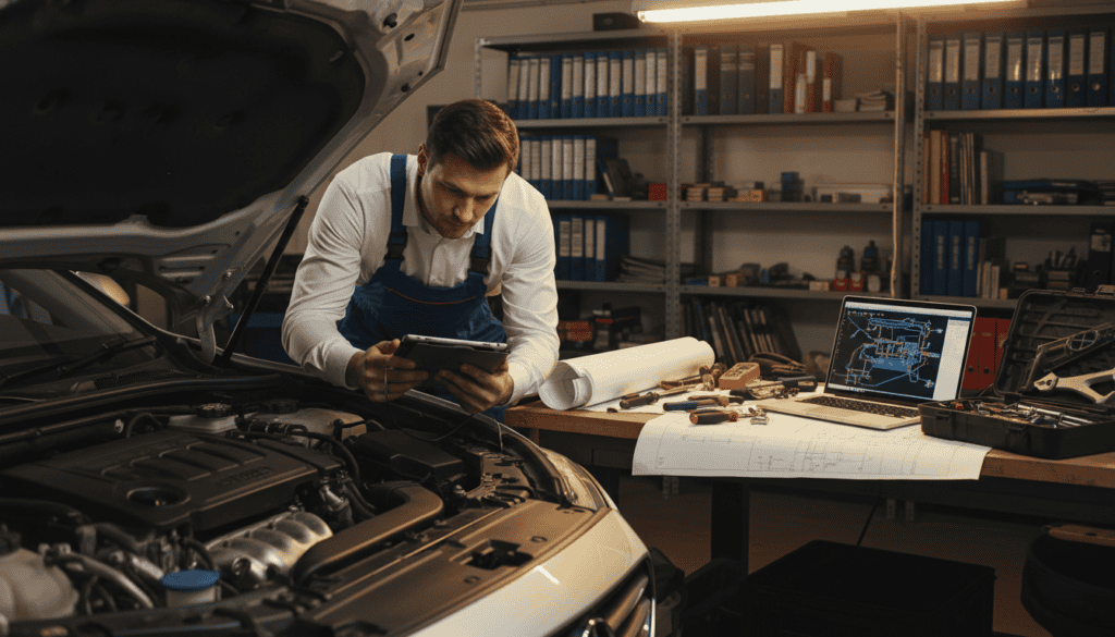 A technical expertise process scene depicting a professional vehicle inspection. In the foreground, a focused technician in a crisp white shirt and blue overalls examines a car's engine with a diagnostic tool. The middle ground features a workbench cluttered with tools, blueprints, and a laptop displaying technical schematics. In the background, shelves filled with automotive manuals and parts are illuminated by warm overhead lighting, creating a productive atmosphere. The camera angle is slightly elevated, capturing the detailed textures of the vehicle's interior and the technician’s concentrated expression. The overall mood conveys professionalism and diligence, ideal for illustrating the technical expertise process in vehicle assessment. A technical expertise process scene depicting a professional vehicle inspection. In the foreground, a focused technician in a crisp white shirt and blue overalls examines a car's engine with a diagnostic tool. The middle ground features a workbench cluttered with tools, blueprints, and a laptop displaying technical schematics. In the background, shelves filled with automotive manuals and parts are illuminated by warm overhead lighting, creating a productive atmosphere. The camera angle is slightly elevated, capturing the detailed textures of the vehicle's interior and the technician’s concentrated expression. The overall mood conveys professionalism and diligence, ideal for illustrating the technical expertise process in vehicle assessment.