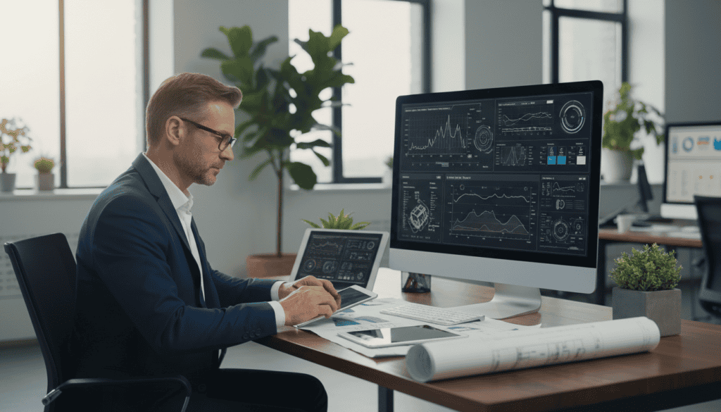 A technical specialist in a modern office environment, deeply engaged in analyzing data from automotive technology. In the foreground, a focused middle-aged man in a smart, navy blue suit, wearing glasses, is seated at a sleek desk covered with digital devices, reports, and automotive schematics. In the middle background, a large screen displays intricate technical diagrams and charts related to vehicle performance. Soft, natural light flows through large windows, creating a bright and professional atmosphere, while hints of greenery from indoor plants add life to the space. The angle captures both the specialist and the screen, emphasizing the integration of technology and technical expertise. The mood is serious yet innovative, reflecting the critical role of technical assessments in the automotive industry.