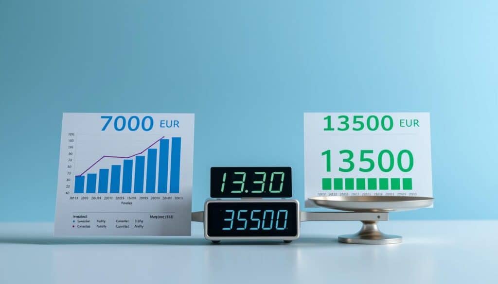 A visually striking comparison of two distinct insurance valuations represented through a balanced composition. In the foreground, two detailed charts or graphs, one labeled "7000 EUR" in a professional blue color scheme, and the other "13500 EUR" in an authoritative green, display key metrics and differences with clear bar graphs. In the middle ground, a sleek digital scale symbolizing financial balance tips slightly to the side of the higher figure, set against a soft gradient background that transitions from light to dark blue, suggesting professionalism and depth. Soft, diffused lighting illuminates the scene, enhancing clarity and focus on the charts, while maintaining a calm and analytical atmosphere, ideal for a financial review context. No text overlays or watermarks.