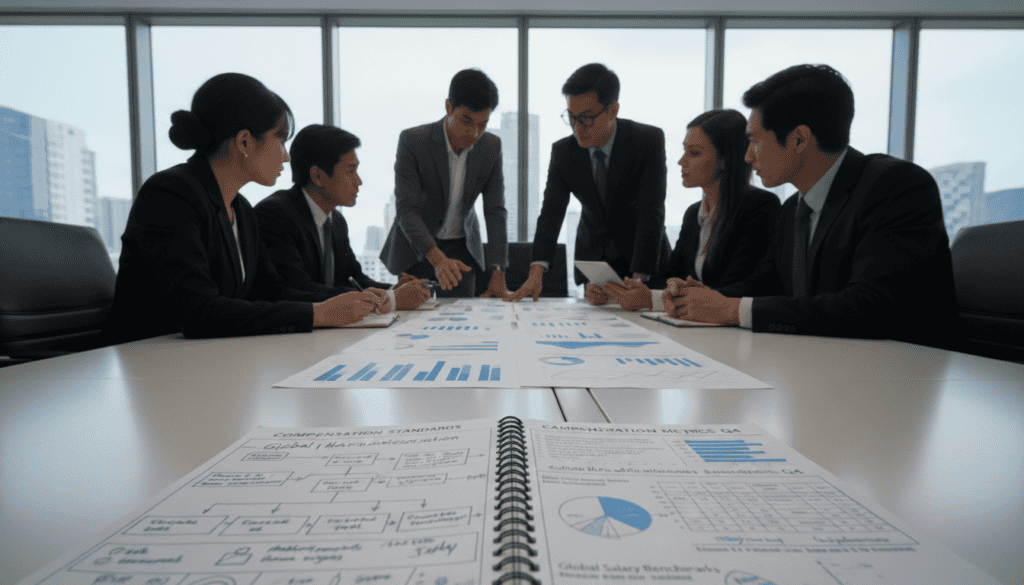 A well-lit office environment featuring a sleek, modern conference table surrounded by professionals in business attire engaged in a discussion. In the foreground, a detailed open notebook with charts and diagrams related to compensation standards is prominently displayed. In the middle, a group of diverse individuals, including a male and female expert, are reviewing a technical report filled with graphical data and standardization metrics. In the background, large windows reveal a cityscape, casting natural light into the room, creating a professional atmosphere. The overall mood is focused and analytical, reflecting the seriousness of technical expertise in compensation standards. The image should be sharp, with a slight depth of field effect to emphasize the subjects while keeping the background slightly blurred. A well-lit office environment featuring a sleek, modern conference table surrounded by professionals in business attire engaged in a discussion. In the foreground, a detailed open notebook with charts and diagrams related to compensation standards is prominently displayed. In the middle, a group of diverse individuals, including a male and female expert, are reviewing a technical report filled with graphical data and standardization metrics. In the background, large windows reveal a cityscape, casting natural light into the room, creating a professional atmosphere. The overall mood is focused and analytical, reflecting the seriousness of technical expertise in compensation standards. The image should be sharp, with a slight depth of field effect to emphasize the subjects while keeping the background slightly blurred.
