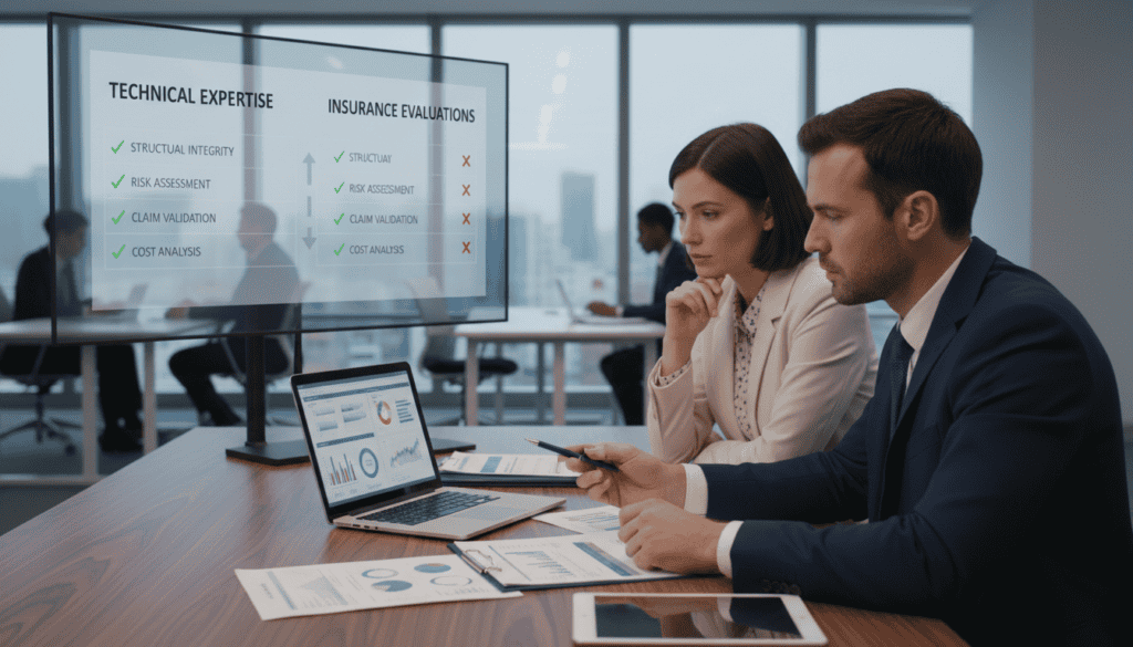 In a modern office setting, a close-up of two professionals engaged in a technical discussion about insurance assessments. In the foreground, a sleek conference table features open report documents, a laptop displaying graphs, and a high-tech device for analysis. The professionals, dressed in smart business attire, one a male engineer examining technical specifications, while the female insurance evaluator reviews the data thoughtfully. In the middle, a large screen presents a comparison of technical expertise and insurance evaluations, with visual indicators highlighting key points. The background showcases a contemporary office with soft, natural lighting filtering through large windows, giving a feeling of collaboration and innovation. The atmosphere is serious and focused, emphasizing the importance of accurate evaluations in insurance claims. In a modern office setting, a close-up of two professionals engaged in a technical discussion about insurance assessments. In the foreground, a sleek conference table features open report documents, a laptop displaying graphs, and a high-tech device for analysis. The professionals, dressed in smart business attire, one a male engineer examining technical specifications, while the female insurance evaluator reviews the data thoughtfully. In the middle, a large screen presents a comparison of technical expertise and insurance evaluations, with visual indicators highlighting key points. The background showcases a contemporary office with soft, natural lighting filtering through large windows, giving a feeling of collaboration and innovation. The atmosphere is serious and focused, emphasizing the importance of accurate evaluations in insurance claims.