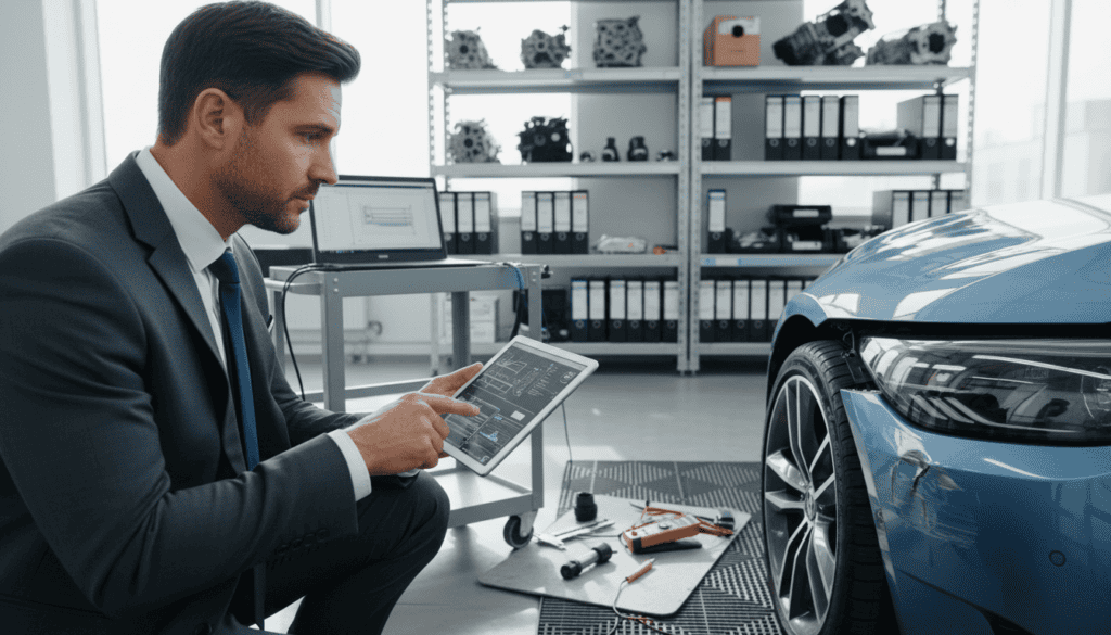 A close-up view of a professional technician examining a damaged vehicle in a bright, well-lit garage. In the foreground, the technician, dressed in a smart business suit, holds a digital tablet displaying technical data while focused on the car's exterior, emphasizing the importance of independent technical expertise. The middle ground features the car, showcasing noticeable damage, with tools and diagnostic equipment neatly arranged around it. In the background, shelves are lined with car parts and documentation, adding depth to the scene. The atmosphere is serious and analytical, with soft, natural lighting creating a sense of clarity and professionalism. The angle is slightly tilted to highlight both the technician's expression and the car damage effectively.