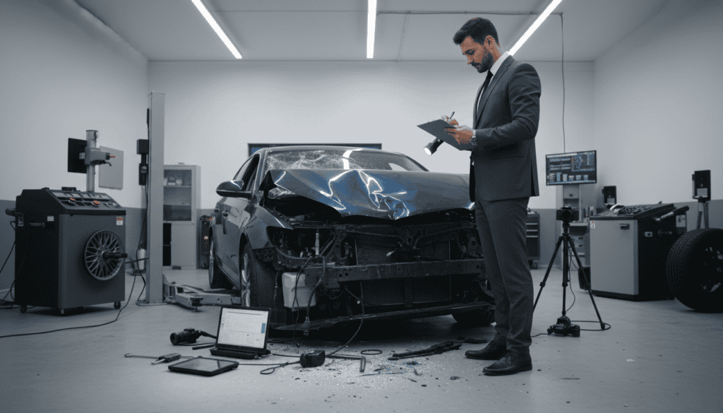 A detailed car accident inspection scene showcasing a damaged vehicle under examination in a well-lit garage. In the foreground, a professional looking engineer in a smart business suit stands attentively, holding a clipboard and taking notes. In the middle ground, the crumpled car reveals broken glass and dented metal, while the engineer inspects the damage with a flashlight. Various technical tools and equipment are neatly arranged nearby. The background features diagnostic machinery and tools, emphasizing a professional technical environment. Soft, bright lighting illuminates the scene, creating a serious yet focused atmosphere, highlighting the importance of thorough technical expertise in accident assessments. The angle should be slightly low, emphasizing the vehicle's damage while capturing the expert in action.
