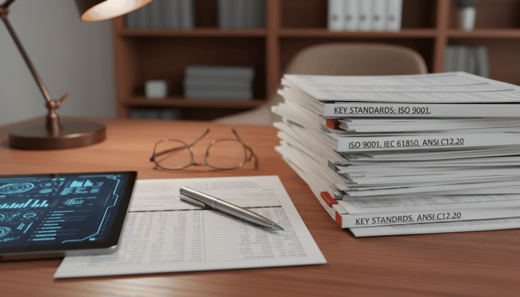 A detailed image of a professional technical expertise report on a wooden desk, showcasing a stack of documents with graphs, charts, and technical specifications. In the foreground, an open report page highlights key standards in bold, surrounded by a high-tech digital tablet displaying related data. In the middle, a sleek, modern pen rests beside the documents, while a pair of glasses adds a personal touch. The background features a softly blurred office setting with a softly illuminated lamp, creating a warm and focused atmosphere. The lighting should be bright yet inviting, capturing a professional mood. The angle should be slightly above the desk level, emphasizing both the report and the workspace without any people present. A detailed image of a professional technical expertise report on a wooden desk, showcasing a stack of documents with graphs, charts, and technical specifications. In the foreground, an open report page highlights key standards in bold, surrounded by a high-tech digital tablet displaying related data. In the middle, a sleek, modern pen rests beside the documents, while a pair of glasses adds a personal touch. The background features a softly blurred office setting with a softly illuminated lamp, creating a warm and focused atmosphere. The lighting should be bright yet inviting, capturing a professional mood. The angle should be slightly above the desk level, emphasizing both the report and the workspace without any people present.
