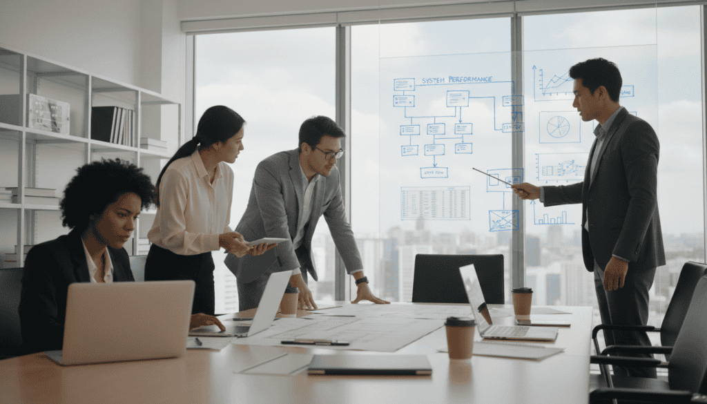 A detailed scene depicting a technical audit in a modern office setting, showcasing a diverse team of professionals in business attire collaborating around a large conference table. In the foreground, a focused woman analyzes a digital report on a laptop, while a man gestures toward a whiteboard filled with technical diagrams and graphs. In the middle ground, a couple of colleagues exchange insights, examining blueprints and data sheets spread across the table. The background features sleek office decor, large windows allowing natural light to flood the room, creating an atmosphere of innovation and collaboration. Soft lighting enhances the professionalism, and a slight depth of field blurs the background gently, keeping the focus on the team’s dynamic interaction and technical discussions.