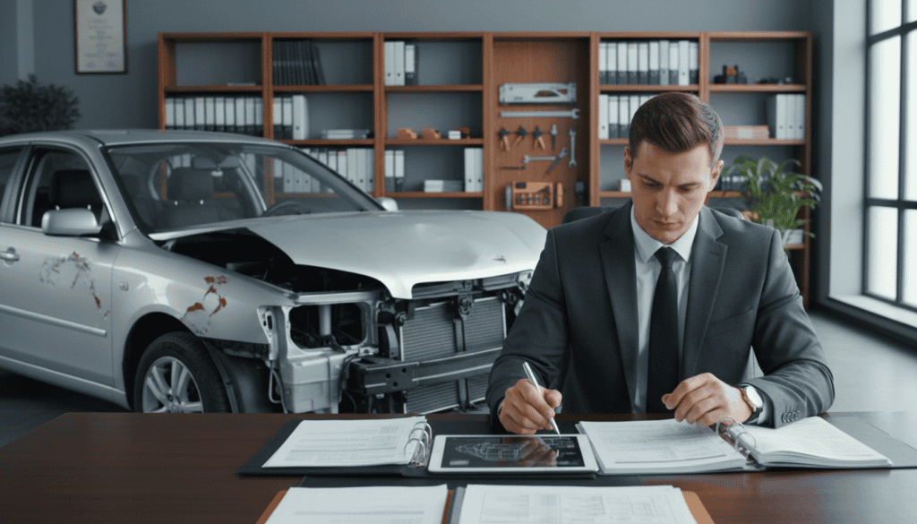 A detailed scene depicting a technical damage assessment in an automotive context. In the foreground, a professional wearing a business suit reviews documents and a tablet with diagrams and reports on automobile damage. In the middle ground, an intricately damaged vehicle is illuminated by soft, natural lighting, highlighting the dents and scratches on its surface. In the background, a clean and organized office space with shelves containing technical manuals and tools, offering a sense of professionalism. The atmosphere is serious and focused, reflecting the high-stakes nature of technical expertise in insurance claims. The overall mood is analytical and methodical, inviting viewers to engage with the subject matter of independent technical opinions on damage assessments. A detailed scene depicting a technical damage assessment in an automotive context. In the foreground, a professional wearing a business suit reviews documents and a tablet with diagrams and reports on automobile damage. In the middle ground, an intricately damaged vehicle is illuminated by soft, natural lighting, highlighting the dents and scratches on its surface. In the background, a clean and organized office space with shelves containing technical manuals and tools, offering a sense of professionalism. The atmosphere is serious and focused, reflecting the high-stakes nature of technical expertise in insurance claims. The overall mood is analytical and methodical, inviting viewers to engage with the subject matter of independent technical opinions on damage assessments.