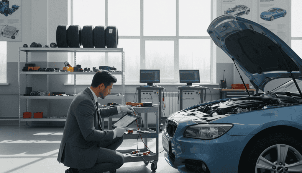 A detailed scene depicting a vehicle technical assessment process within a well-lit automotive workshop. In the foreground, a professional technician, dressed in a clean, modest business outfit, is examining a car with specialized tools. The technician is focused, using a tablet to record findings. In the middle ground, additional equipment such as diagnostic machines, tools, and spare parts are organized neatly on shelves. The background features a large window letting in natural light, and posters of automotive specifications adorn the walls. The ambiance is serious and technical, conveying a sense of precision and professionalism. The angle is slightly elevated, providing a comprehensive view of the workspace while maintaining an emphasis on the technician's intricate work. A detailed scene depicting a vehicle technical assessment process within a well-lit automotive workshop. In the foreground, a professional technician, dressed in a clean, modest business outfit, is examining a car with specialized tools. The technician is focused, using a tablet to record findings. In the middle ground, additional equipment such as diagnostic machines, tools, and spare parts are organized neatly on shelves. The background features a large window letting in natural light, and posters of automotive specifications adorn the walls. The ambiance is serious and technical, conveying a sense of precision and professionalism. The angle is slightly elevated, providing a comprehensive view of the workspace while maintaining an emphasis on the technician's intricate work.