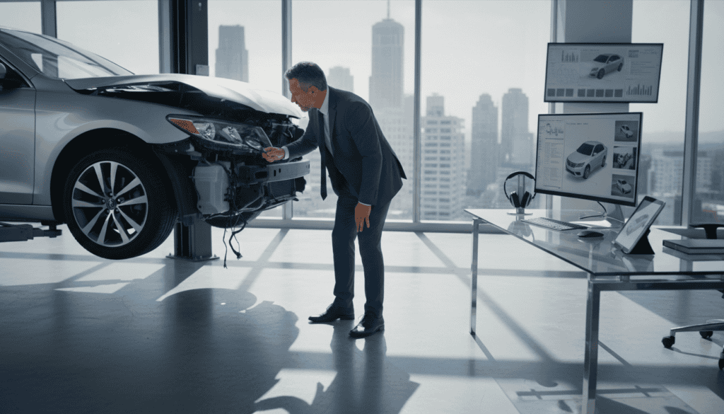 A detailed scene depicting an independent damage appraisal process in a modern office setting. In the foreground, a professional in business attire, a middle-aged male engineer, is examining a damaged vehicle with focused determination. The vehicle is displayed on a lift, showing various angles of impact. In the middle ground, a sleek workstation is featured, displaying high-tech equipment and digital analysis tools. The background reveals a large window with natural light streaming in, casting soft shadows across the office space, enhancing the atmosphere of professionalism and expertise. The color palette includes blues and grays, evoking a sense of trust and reliability. The overall mood is serious yet optimistic, reflecting the thoroughness and balance of a technical evaluation. A detailed scene depicting an independent damage appraisal process in a modern office setting. In the foreground, a professional in business attire, a middle-aged male engineer, is examining a damaged vehicle with focused determination. The vehicle is displayed on a lift, showing various angles of impact. In the middle ground, a sleek workstation is featured, displaying high-tech equipment and digital analysis tools. The background reveals a large window with natural light streaming in, casting soft shadows across the office space, enhancing the atmosphere of professionalism and expertise. The color palette includes blues and grays, evoking a sense of trust and reliability. The overall mood is serious yet optimistic, reflecting the thoroughness and balance of a technical evaluation.