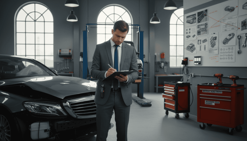 A detailed scene of a damage assessment process in an automotive setting. In the foreground, a professional in business attire meticulously examines a damaged vehicle, using a clipboard and taking notes. The middle ground showcases a well-lit auto shop with various tools and equipment neatly arranged, emphasizing a sense of order and professionalism. In the background, large windows let in natural light, illuminating a collage of technical diagrams and assessment reports displayed on a wall. Capture the atmosphere of a focused, analytical environment, highlighting the urgency and importance of independent technical expertise in evaluating vehicle conditions. Use soft lighting to create an inviting, yet serious mood, with a slight depth of field to draw attention to the assessment in action.