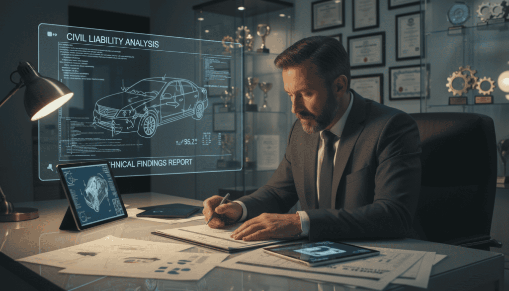 A detailed scene showcasing a technical expert reviewing a vehicle accident report, emphasizing the connection between technical expertise and civil liability. In the foreground, a middle-aged professional man in a formal suit is examining charts and diagrams on a sleek desk, with a focused expression. In the middle, a large screen displays complex technical data and images related to accident analysis. In the background, a dimly lit office space filled with awards and automotive models, creating an atmosphere of professionalism and authority. Soft, warm lighting highlights the expert’s face, while shadows provide depth and a sense of seriousness. The angle captures the expert’s reflective posture, evoking a mood of contemplation and responsibility.