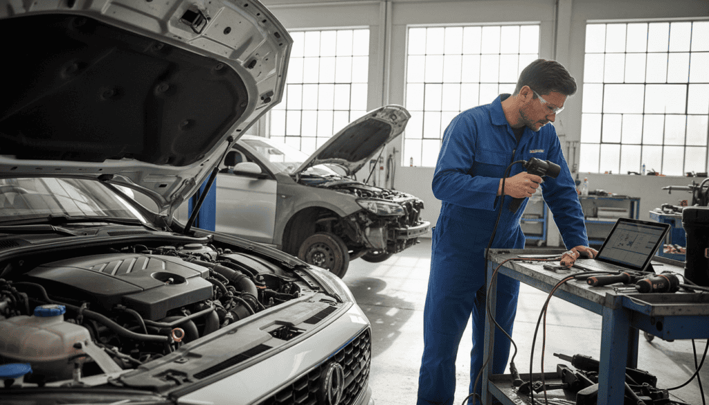 A detailed technical analysis of a vehicle in a well-lit workshop. In the foreground, a mechanic, dressed in professional work attire, is closely examining a car's engine. Tools and diagnostic equipment are scattered on a workbench beside them. In the middle, a partially disassembled vehicle showcases its intricate components, highlighting wear and tear. In the background, large windows allow natural light to illuminate the space, creating a focused atmosphere. The mood is analytical and industrious, reflecting the importance of accuracy in technical vehicle assessments. Capture the image from a slightly tilted angle to add depth, ensuring the scene is visually engaging without any text or distractions. A detailed technical analysis of a vehicle in a well-lit workshop. In the foreground, a mechanic, dressed in professional work attire, is closely examining a car's engine. Tools and diagnostic equipment are scattered on a workbench beside them. In the middle, a partially disassembled vehicle showcases its intricate components, highlighting wear and tear. In the background, large windows allow natural light to illuminate the space, creating a focused atmosphere. The mood is analytical and industrious, reflecting the importance of accuracy in technical vehicle assessments. Capture the image from a slightly tilted angle to add depth, ensuring the scene is visually engaging without any text or distractions.
