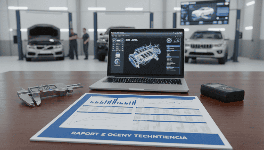 A detailed technical evaluation report titled "Raport z Oceny Technicznej" placed prominently on a sleek wooden desk. The foreground features the report partially opened, displaying graphs, charts, and technical specifications clearly visible, rendered in a professional style. Surrounding the report, there are tools such as a caliper and a digital measuring device, emphasizing precision and analysis. In the middle ground, a modern laptop shows a technical software interface related to automotive diagnostics. The background reveals a well-lit garage with vehicles being examined and a wall-mounted screen displaying technical data, enhancing the atmosphere of expertise. Soft, focused lighting creates a calm and professional vibe, with a slight depth of field effect to highlight the report. The setting conveys a sense of authority and professionalism in technical assessment without any clutter or distractions.
