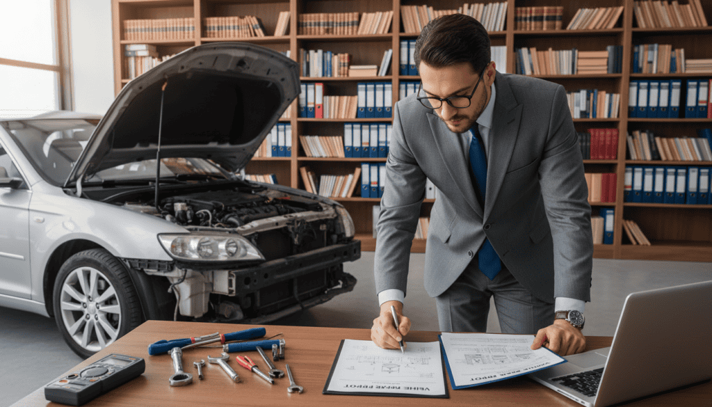 A detailed technical expert examining vehicle damage in an office environment. In the foreground, a professional in business attire, wearing glasses, analyzes a vehicle repair report on a desk with tools and a laptop. In the middle ground, a damaged car is partially visible, with its hood open, showing intricate mechanical details and damaged parts. The background contains bookshelves with legal documents and technical manuals, adding a sense of authority and professionalism. Soft, ambient lighting illuminates the scene, creating a serious yet reassuring atmosphere. The camera angle is slightly above eye level, focusing on the expert and the car, emphasizing the meticulousness of the technical examination.