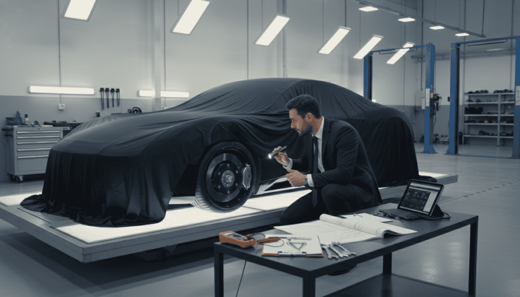 A detailed technical vehicle assessment scene capturing the essence of a professional vehicle expertise process. In the foreground, a covered car on a bright, well-lit workshop table with an expert in professional business attire examining the vehicle's undercarriage using a flashlight. In the middle ground, various technical tools and documents about vehicle diagnostics, lying neatly next to the car, emphasizing precision and attention to detail. The background features a clean, organized workshop with tools and equipment lining the walls, illuminated by soft, bright overhead lighting to enhance clarity. The atmosphere is focused and meticulous, conveying professionalism and thoroughness in assessing vehicle condition and compliance. A detailed technical vehicle assessment scene capturing the essence of a professional vehicle expertise process. In the foreground, a covered car on a bright, well-lit workshop table with an expert in professional business attire examining the vehicle's undercarriage using a flashlight. In the middle ground, various technical tools and documents about vehicle diagnostics, lying neatly next to the car, emphasizing precision and attention to detail. The background features a clean, organized workshop with tools and equipment lining the walls, illuminated by soft, bright overhead lighting to enhance clarity. The atmosphere is focused and meticulous, conveying professionalism and thoroughness in assessing vehicle condition and compliance.