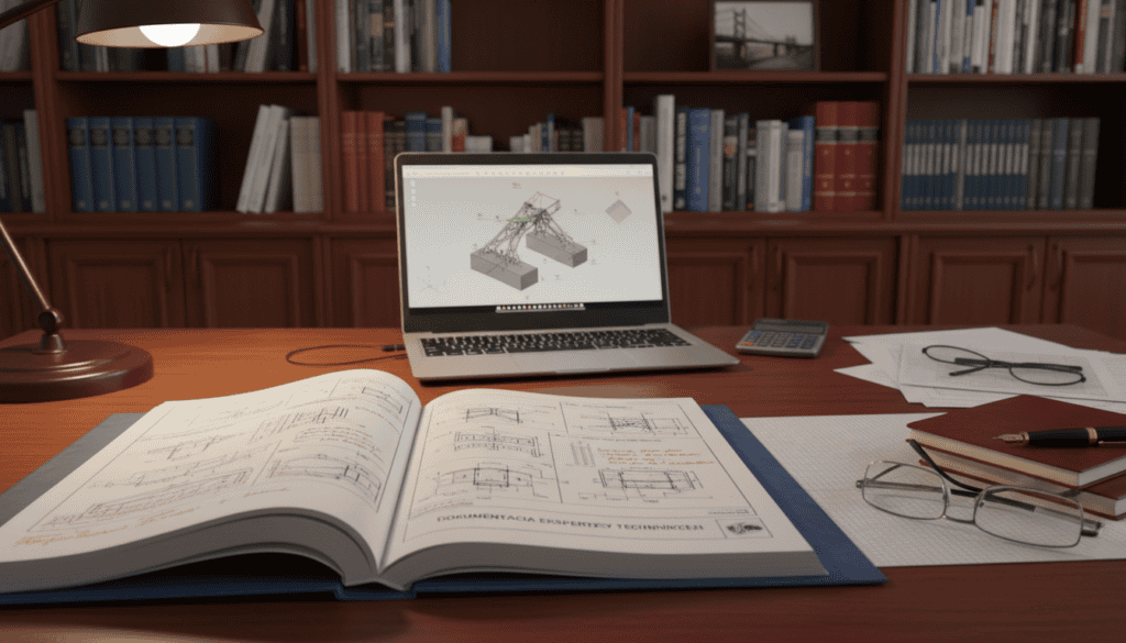 A detailed workspace scene capturing "dokumentacja ekspertyzy technicznej." In the foreground, a polished wooden desk displays an open technical report filled with engineering diagrams and notes. A pair of glasses and a high-quality pen lie beside the papers, indicating a meticulous examination. In the middle ground, a laptop is visible, with technical software running and a calculator nearby. In the background, soft-lit shelves filled with reference books on engineering and accident analysis set a scholarly atmosphere. The lighting is warm and inviting, coming from a desk lamp that highlights key details while leaving the edges softly shadowed. Overall, the mood is professional and focused, conveying the importance of preparation for a technical expertise assessment. A detailed workspace scene capturing "dokumentacja ekspertyzy technicznej." In the foreground, a polished wooden desk displays an open technical report filled with engineering diagrams and notes. A pair of glasses and a high-quality pen lie beside the papers, indicating a meticulous examination. In the middle ground, a laptop is visible, with technical software running and a calculator nearby. In the background, soft-lit shelves filled with reference books on engineering and accident analysis set a scholarly atmosphere. The lighting is warm and inviting, coming from a desk lamp that highlights key details while leaving the edges softly shadowed. Overall, the mood is professional and focused, conveying the importance of preparation for a technical expertise assessment.