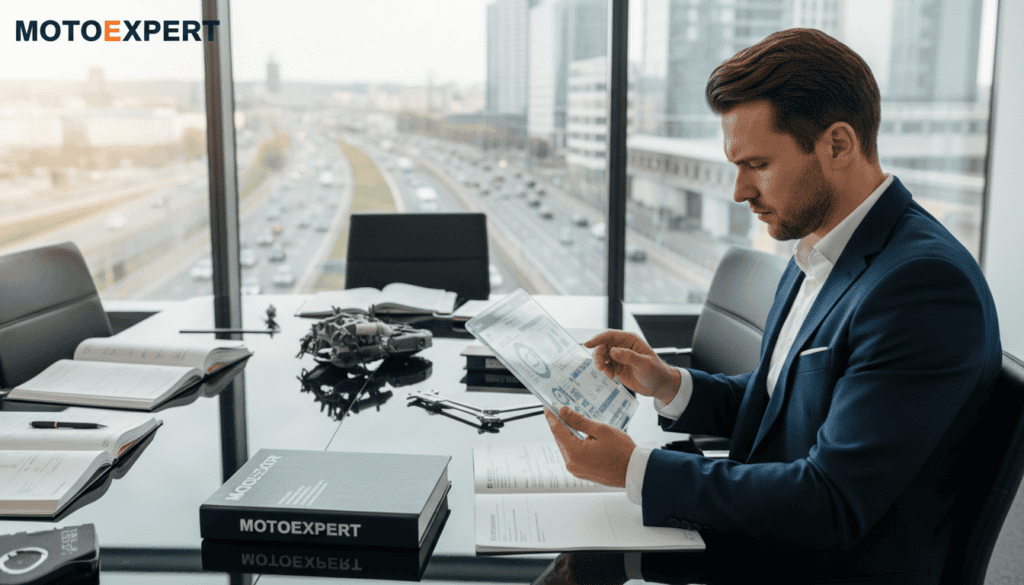 A modern office setting showcasing MOTOEXPERT, a technical expertise service for accident compensation. In the foreground, a professional consultant in business attire is analyzing technical data on a tablet, with a focused expression. The middle ground features a sleek conference table with automotive manuals, accident reports, and tools, suggesting a thorough assessment process. In the background, a large window reveals a cityscape with cars, reflecting the company's focus on automotive issues. Soft, natural lighting floods the room, creating an atmosphere of professionalism and trust. The lens captures a slight depth of field, emphasizing the consultant's engaged demeanor while softly blurring the busy background, highlighting the importance of technical expertise in accident compensation. A modern office setting showcasing MOTOEXPERT, a technical expertise service for accident compensation. In the foreground, a professional consultant in business attire is analyzing technical data on a tablet, with a focused expression. The middle ground features a sleek conference table with automotive manuals, accident reports, and tools, suggesting a thorough assessment process. In the background, a large window reveals a cityscape with cars, reflecting the company's focus on automotive issues. Soft, natural lighting floods the room, creating an atmosphere of professionalism and trust. The lens captures a slight depth of field, emphasizing the consultant's engaged demeanor while softly blurring the busy background, highlighting the importance of technical expertise in accident compensation.