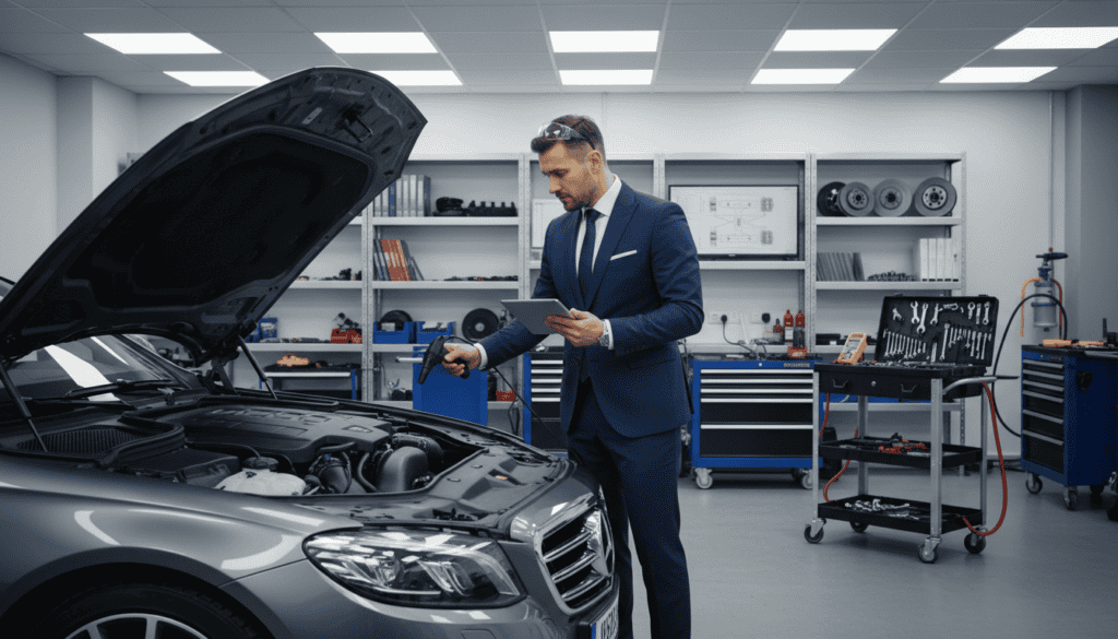 A professional automotive expert conducting a detailed technical inspection of a vehicle in a well-lit garage environment. In the foreground, the expert, dressed in a smart business attire, is focused intently on examining the car's engine while holding specialized diagnostic tools. The middle ground features a variety of automotive equipment and tools scattered around, showcasing a sense of professionalism and expertise. In the background, shelves filled with technical manuals and car parts add depth to the scene. Soft, diffused lighting creates a calm atmosphere, emphasizing the importance of technical expertise in understanding vehicle conditions. The camera angle highlights both the expert and the vehicle, giving a sense of the thoroughness required for proper assessment. A professional automotive expert conducting a detailed technical inspection of a vehicle in a well-lit garage environment. In the foreground, the expert, dressed in a smart business attire, is focused intently on examining the car's engine while holding specialized diagnostic tools. The middle ground features a variety of automotive equipment and tools scattered around, showcasing a sense of professionalism and expertise. In the background, shelves filled with technical manuals and car parts add depth to the scene. Soft, diffused lighting creates a calm atmosphere, emphasizing the importance of technical expertise in understanding vehicle conditions. The camera angle highlights both the expert and the vehicle, giving a sense of the thoroughness required for proper assessment.