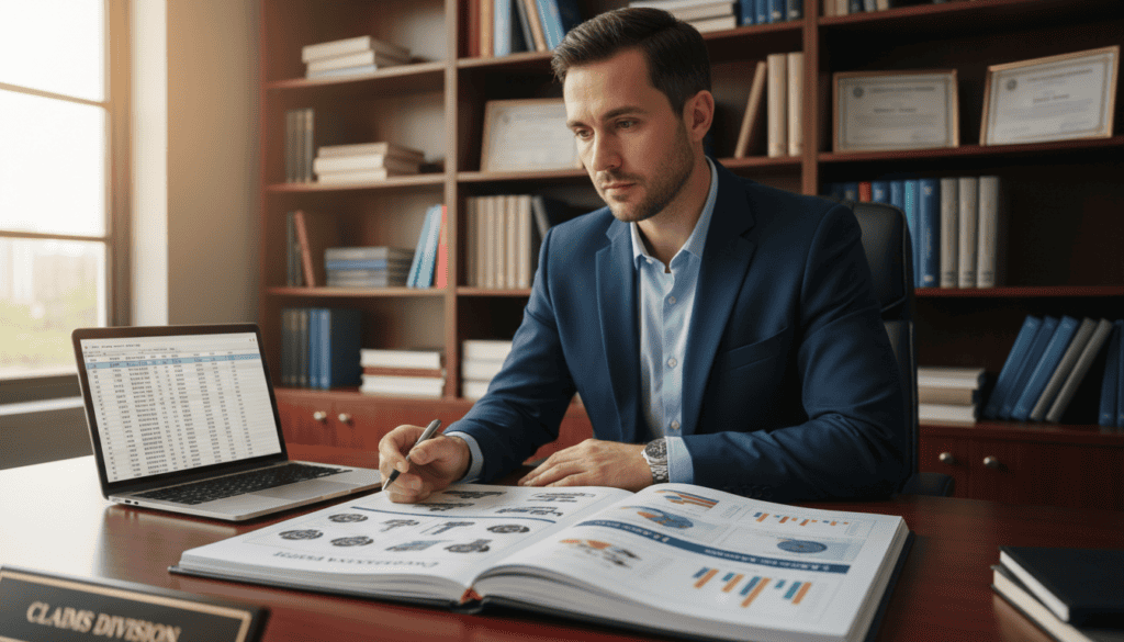 A professional scene depicting a "damage assessment report" in an office setting. In the foreground, a polished mahogany desk hosts an open technical report with detailed diagrams and charts illustrating vehicle damage, alongside a laptop displaying data. In the middle, a professional in business attire examines the report, their expression focused and analytical. In the background, shelves filled with technical books and industry certifications frame the scene, suggesting expertise and authority. Soft, natural light filters through a nearby window, creating a warm and inviting atmosphere. A subtle depth of field enhances the focus on the report and the expert, while the overall mood conveys professionalism and diligence in assessing vehicle damage for compensation decisions. A professional scene depicting a "damage assessment report" in an office setting. In the foreground, a polished mahogany desk hosts an open technical report with detailed diagrams and charts illustrating vehicle damage, alongside a laptop displaying data. In the middle, a professional in business attire examines the report, their expression focused and analytical. In the background, shelves filled with technical books and industry certifications frame the scene, suggesting expertise and authority. Soft, natural light filters through a nearby window, creating a warm and inviting atmosphere. A subtle depth of field enhances the focus on the report and the expert, while the overall mood conveys professionalism and diligence in assessing vehicle damage for compensation decisions.
