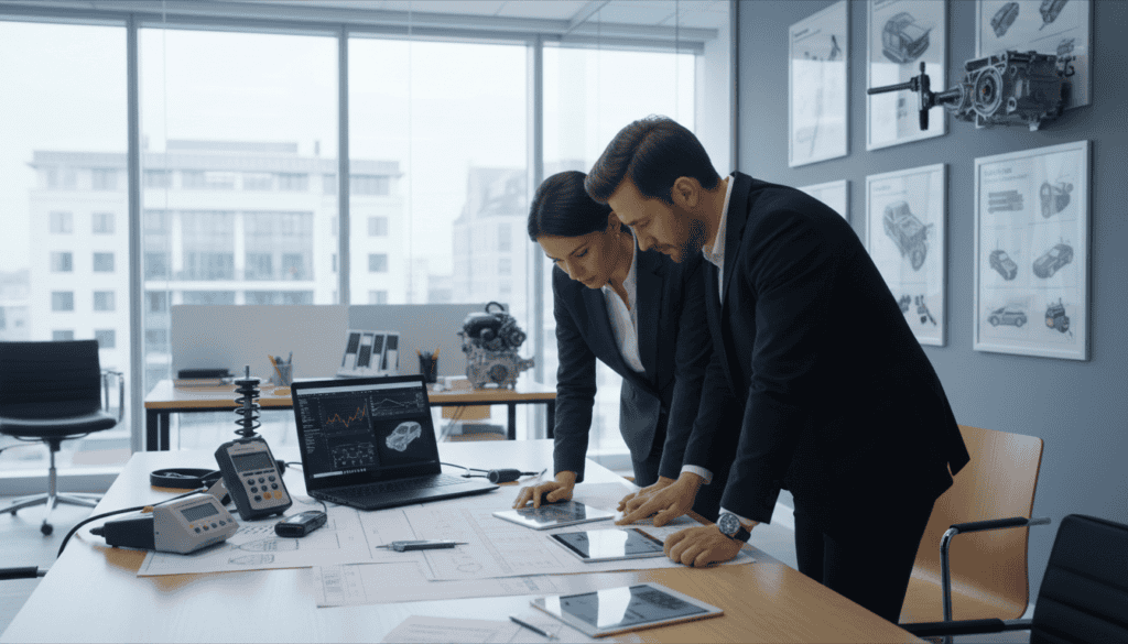 A professional setting depicting a technical expertise evaluation process for automotive claims. In the foreground, a team of two meticulously engaged professionals—one male and one female—dressed in formal business attire, reviewing detailed reports and diagrams on a modern table. In the middle, an array of high-tech tools and equipment related to vehicle analysis lies scattered, including a laptop displaying complex data. In the background, large windows allow soft, natural light to illuminate a well-organized office with automotive parts and posters outlining engineering principles. The scene conveys a sense of precision, expertise, and a focus on technical analysis, creating a serious yet productive atmosphere. The angle is slightly elevated, capturing both the teamwork and the detailed environment.
