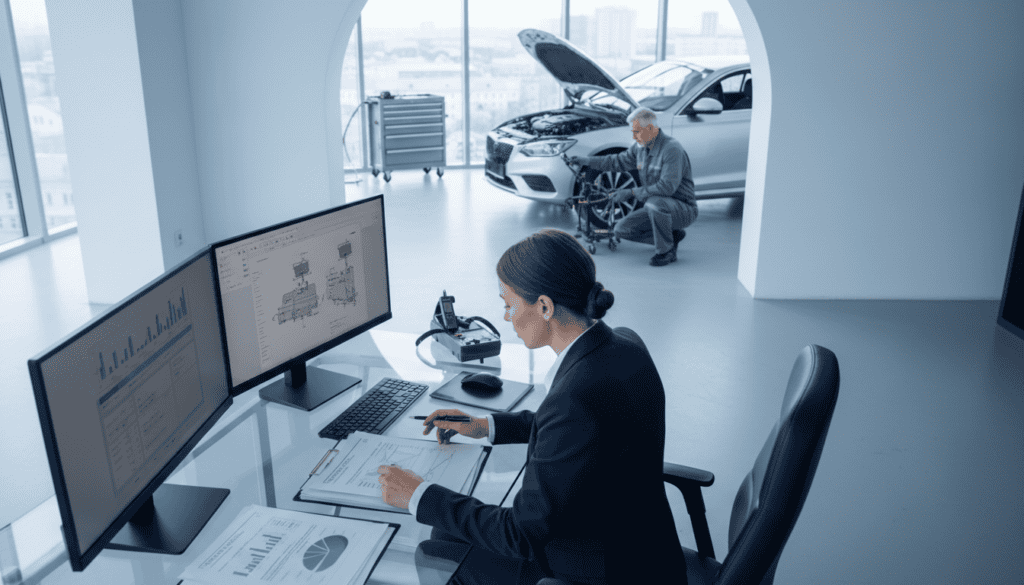A professional setting depicting the concept of independent technical assessment in relation to automotive insurance. In the foreground, a focused advisor in business attire reviews detailed technical documents and reports on a sleek desk. In the middle ground, a seasoned engineer examines a car's intricate components using specialized tools and equipment, highlighting the technical aspect of the assessment. The background features a modern office with large windows letting in soft, natural light, creating a calm and analytical atmosphere. The image captures a sense of diligence and expertise, with a color palette of blues and grays to evoke professionalism and trust. Angle the shot slightly downward to emphasize the interactions and details of the assessment process.