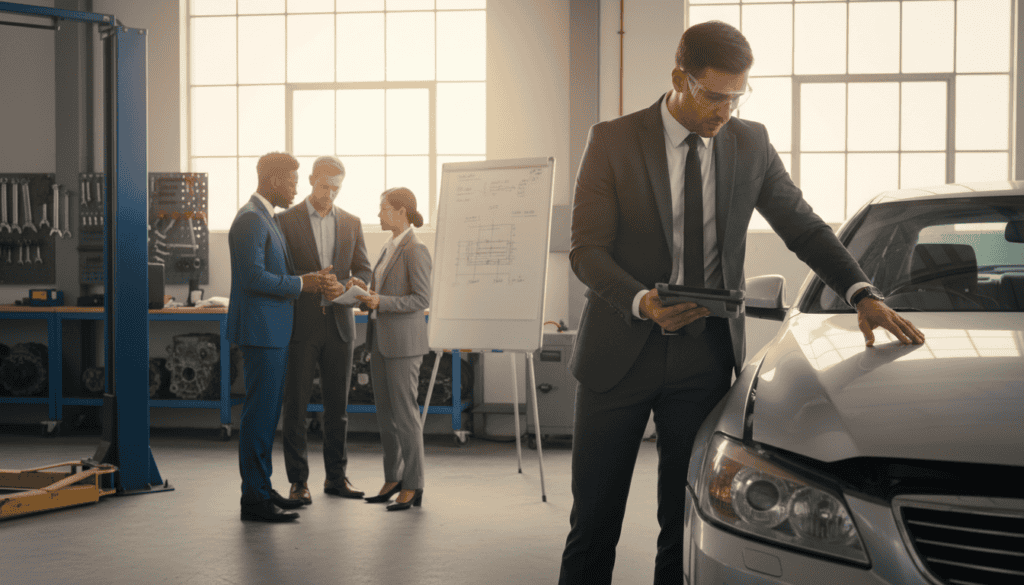 A professional setting depicting the process of technical expertise assessment. In the foreground, a well-dressed engineer in a suit and safety glasses examines a damaged vehicle, using a tablet to document findings. In the middle ground, a team of diverse professionals—two men and one woman, all in business attire—discuss measurements and notes gathered from the vehicle. The background features a workshop environment, with tools and machinery visible, enhancing the atmosphere of technical rigor. Soft, natural lighting streams from large windows, giving a warm and focused ambiance. The angle is slightly elevated, offering a clear view of the assessment in action. The mood is serious yet collaborative, reflecting thorough investigation and professional expertise. A professional setting depicting the process of technical expertise assessment. In the foreground, a well-dressed engineer in a suit and safety glasses examines a damaged vehicle, using a tablet to document findings. In the middle ground, a team of diverse professionals—two men and one woman, all in business attire—discuss measurements and notes gathered from the vehicle. The background features a workshop environment, with tools and machinery visible, enhancing the atmosphere of technical rigor. Soft, natural lighting streams from large windows, giving a warm and focused ambiance. The angle is slightly elevated, offering a clear view of the assessment in action. The mood is serious yet collaborative, reflecting thorough investigation and professional expertise.
