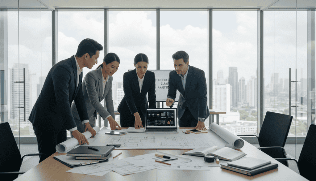 A professional setting showcasing a technical analysis process related to compensation claims. In the foreground, a confident, diverse group of four professionals in smart business attire is discussing over architectural plans and a laptop. The middle layer features a large, well-lit conference table strewn with documents, diagrams, and technical drawings, illustrating the meticulous assessment of damages. The background reveals a modern office environment with glass walls, large windows offering natural light, and a view of the cityscape outside. The lighting is bright yet soft, creating a collaborative atmosphere. The scene evokes a sense of diligence, expertise, and professionalism, making it clear that technical analysis plays a pivotal role in determining compensation. A professional setting showcasing a technical analysis process related to compensation claims. In the foreground, a confident, diverse group of four professionals in smart business attire is discussing over architectural plans and a laptop. The middle layer features a large, well-lit conference table strewn with documents, diagrams, and technical drawings, illustrating the meticulous assessment of damages. The background reveals a modern office environment with glass walls, large windows offering natural light, and a view of the cityscape outside. The lighting is bright yet soft, creating a collaborative atmosphere. The scene evokes a sense of diligence, expertise, and professionalism, making it clear that technical analysis plays a pivotal role in determining compensation.