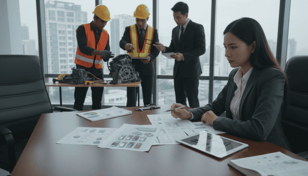 A professional setting showcasing the consequences of a technical expertise evaluation following an automotive accident. In the foreground, a thoughtful businesswoman in professional attire examines a detailed report and accident diagram on a sleek conference table. In the middle, a group of diverse professionals, including an engineer and a legal advisor, engaged in a serious discussion, surrounded by tools and technical documents. The background features a modern office with large windows, letting in natural light, casting gentle shadows. The atmosphere is serious and focused, reflecting the importance of the decisions being made. Shot from a slightly elevated angle, highlighting the collaborative environment while maintaining a sense of urgency and professionalism. A professional setting showcasing the consequences of a technical expertise evaluation following an automotive accident. In the foreground, a thoughtful businesswoman in professional attire examines a detailed report and accident diagram on a sleek conference table. In the middle, a group of diverse professionals, including an engineer and a legal advisor, engaged in a serious discussion, surrounded by tools and technical documents. The background features a modern office with large windows, letting in natural light, casting gentle shadows. The atmosphere is serious and focused, reflecting the importance of the decisions being made. Shot from a slightly elevated angle, highlighting the collaborative environment while maintaining a sense of urgency and professionalism.