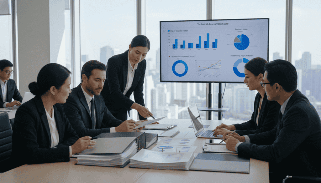 A professional setting showcasing the impact of technical expertise on insurance compensation decisions. In the foreground, a diverse group of professionals in business attire (two men and two women) are engaged in a discussion around a large table filled with documents and technical reports. The middle ground features a large screen displaying graphs and key performance indicators related to insurance claims and technical assessments. The background includes a modern office space with large windows, letting in natural light, creating a bright and focused atmosphere. The overall composition conveys a sense of collaboration and determination, emphasizing the crucial role of technical evaluations in helping insurance companies make informed decisions. The image should have a crisp, well-lit quality, suggesting a busy yet professional environment.