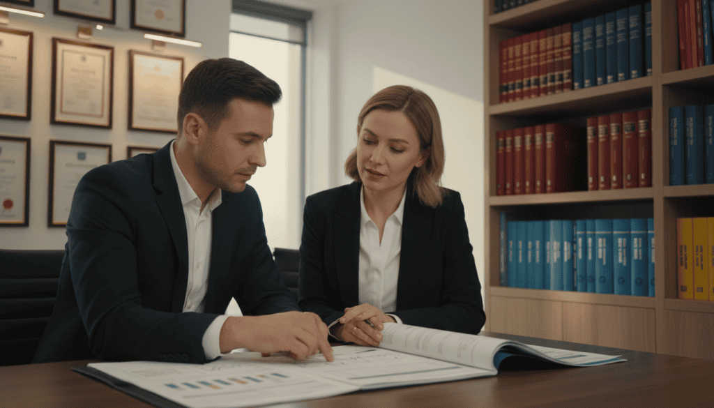 A professional setting showcasing the process of selecting an expert appraiser. In the foreground, a diverse group of two business professionals, one male and one female, both in smart business attire, discussing a technical document on a table. In the middle ground, a well-organized office space with diplomas and certificates displayed on the walls, symbolizing expertise. In the background, a bookshelf filled with legal texts and technical manuals, highlighting the seriousness of the subject. The lighting is soft and warm, emphasizing a sense of collaboration and professionalism, while a shallow depth of field draws attention to the dialogue and document in the foreground. The mood is focused yet approachable, conveying the importance of choosing the right appraiser in the technical expertise process.