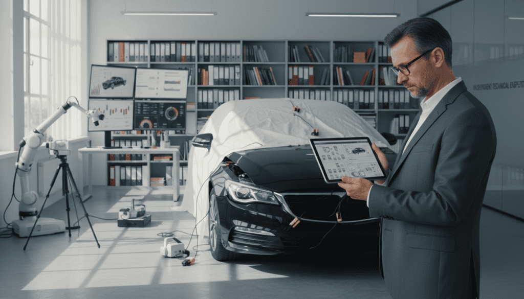 A professional technical expert engaged in a detailed analysis of automotive damage in a well-lit office setting, surrounded by high-tech tools and equipment. In the foreground, the expert, a middle-aged individual in a smart business suit, is examining a digital tablet with technical schematics on it. In the middle ground, a car is visible, partially covered with protective sheets, showcasing visible damage. The background features shelves filled with technical manuals and computer screens displaying data analytics. Soft, natural lighting enters the room through a large window, creating an atmosphere of focus and professionalism, emphasizing the importance of independent technical expertise in the compensation process. The angle is slightly elevated, capturing both the expert and the damaged vehicle in a detailed composition.
