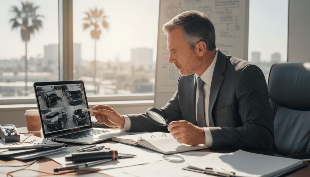 A professional technical expert examining a detailed report on automotive damage in a well-lit office setting. In the foreground, a focused middle-aged man in a professional business suit is analyzing high-resolution images of a damaged vehicle on a laptop. The middle ground features a cluttered desk with technical tools, diagrams, and a notepad filled with notes, representing meticulous attention to detail. In the background, a large window reveals a sunny day outside, adding an uplifting and positive atmosphere. The lighting is bright, emphasizing clarity and professionalism, while a slight depth of field blurs the background slightly, keeping the focus on the expert's concentration. The overall mood is one of diligence and expertise, illustrating the benefits of thorough technical expertise in damage assessment.