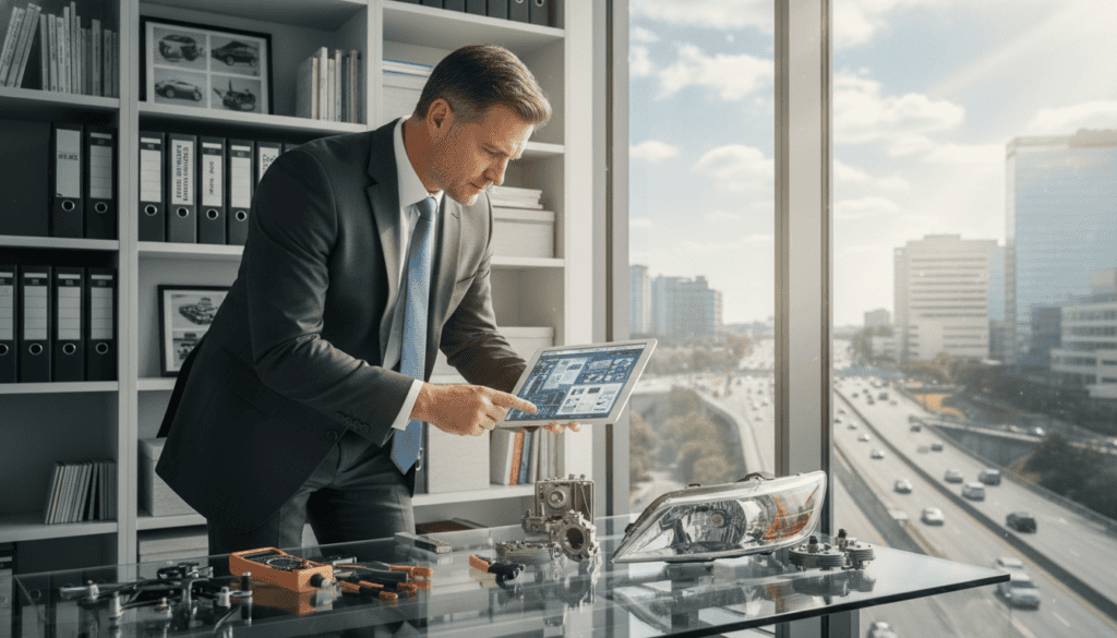 A professional technical expert in business attire is analyzing a vehicle's damage in a modern office environment. In the foreground, the expert, a middle-aged Caucasian male, is closely examining a detailed report on a tablet, while tools and automotive parts are neatly arranged on the desk. The middle ground features a large, clear window revealing a bustling cityscape, with soft natural sunlight illuminating the room, creating an atmosphere of productivity and focus. In the background, shelves lined with technical manuals and automotive diagrams enhance the technical setting. The overall mood is one of professionalism and expertise, symbolizing the benefits of technical assessments in the context of automotive repairs and compensation. The image captures a moment of critical decision-making, emphasizing the analytical nature of the work.