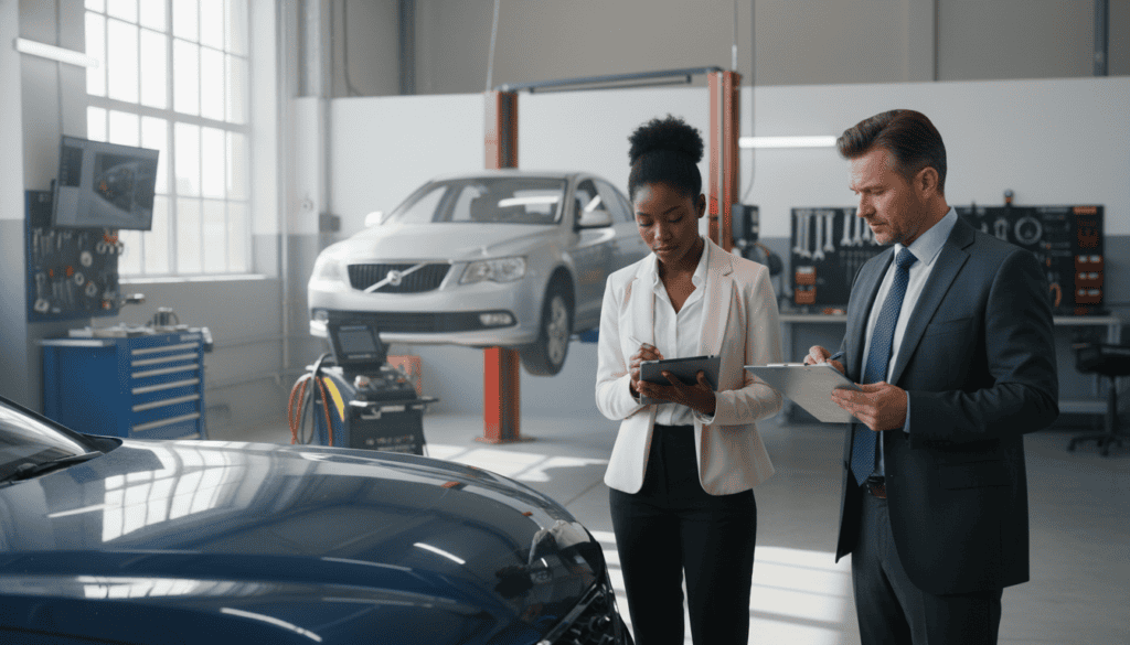 A professional technical expertise scene depicting a diverse group of three experts analyzing automotive damage. In the foreground, a middle-aged Caucasian man in a tailored suit examines a damaged car hood with a clipboard, while a young Black woman in business attire takes detailed notes on a tablet. In the middle ground, a modern workshop filled with tools and equipment provides context, including a full car lift and diagnostic machines. Bright, natural light streams in from large windows, creating an atmosphere of focus and diligence. The background features a clean and organized workspace, emphasizing professionalism and attention to detail. The mood conveys seriousness and precision, ideal for the topic of technical expertise in automotive assessments. A professional technical expertise scene depicting a diverse group of three experts analyzing automotive damage. In the foreground, a middle-aged Caucasian man in a tailored suit examines a damaged car hood with a clipboard, while a young Black woman in business attire takes detailed notes on a tablet. In the middle ground, a modern workshop filled with tools and equipment provides context, including a full car lift and diagnostic machines. Bright, natural light streams in from large windows, creating an atmosphere of focus and diligence. The background features a clean and organized workspace, emphasizing professionalism and attention to detail. The mood conveys seriousness and precision, ideal for the topic of technical expertise in automotive assessments.