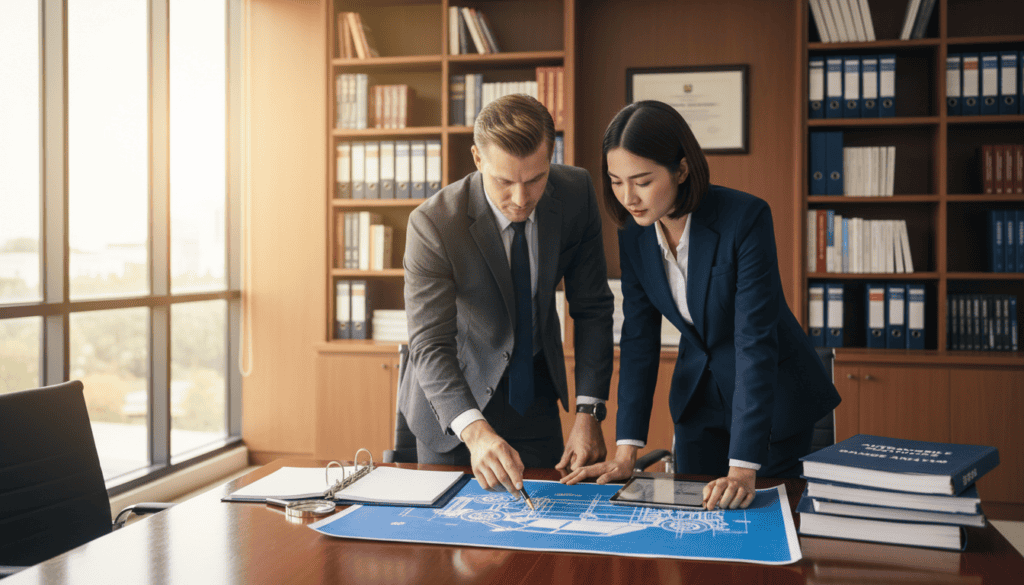 A professional, well-lit office environment as the backdrop, showcasing a confident male and female expert in business attire, discussing an automobile damage report over a sleek, modern table. In the foreground, a detailed technical diagram of a vehicle and a stack of reports indicate the thorough analysis process. Soft, natural lighting filters through large windows, creating a bright, optimistic mood. In the background, shelves with automotive books and legal documents enhance the setting's professional atmosphere. The camera angle is slightly elevated, capturing the dynamic interaction between the experts and their focused demeanor, embodying the benefits of independent expertise in assessing compensation. A professional, well-lit office environment as the backdrop, showcasing a confident male and female expert in business attire, discussing an automobile damage report over a sleek, modern table. In the foreground, a detailed technical diagram of a vehicle and a stack of reports indicate the thorough analysis process. Soft, natural lighting filters through large windows, creating a bright, optimistic mood. In the background, shelves with automotive books and legal documents enhance the setting's professional atmosphere. The camera angle is slightly elevated, capturing the dynamic interaction between the experts and their focused demeanor, embodying the benefits of independent expertise in assessing compensation.
