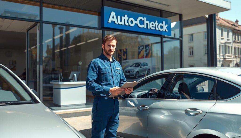 A bustling scene of the ADAC AutoCheck center in Nürnberg-Fürth, showcasing the professionalism of car inspections. In the foreground, a well-dressed mechanic in a blue uniform is inspecting a silver sedan with a clipboard in hand, demonstrating thorough examination. The middle ground features the AutoCheck office with large glass windows, displaying a welcoming interior, a reception desk, and automotive posters on the walls. The background captures the architecture of Fürth, hinting at historical buildings under a clear blue sky, bright sunlight illuminating the scene with soft shadows. The atmosphere conveys a sense of trust and diligence, emphasizing the importance of thorough vehicle inspections in a professional setting.