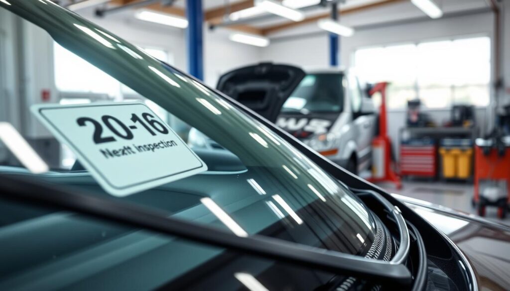 A close-up view of a car inspection sticker displaying the month and year of the next vehicle inspection. The sticker is prominently placed on the windshield, with clarity and detail highlighting the text and design. In the foreground, the inspection sticker is crisp and colorful, made to stand out against the glass of the car. In the middle ground, a well-maintained vehicle is parked in a professional auto service center, showcasing a clean and organized workspace with tools and equipment thoughtfully arranged. The background features bright, natural lighting filtering through large windows, creating an inviting atmosphere. The overall mood is professional and informative, reflecting the theme of thorough vehicle inspection services for both private clients and businesses.