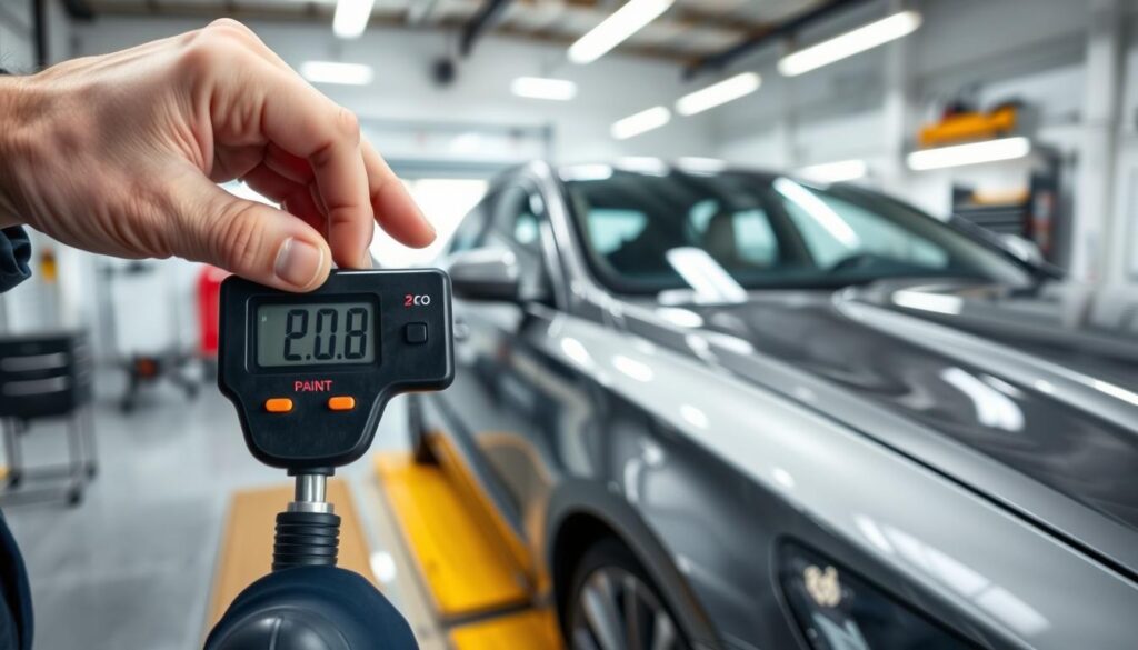 A close-up view of a professional using a paint thickness gauge to assess the condition of a car's exterior, focusing on areas showing signs of previous damage. The foreground features the gauge in the inspector's hand, emphasizing precision. In the middle, a well-maintained car is displayed, with visible areas where the paint has been tested, revealing subtle variations in thickness. The background includes a modern auto inspection workshop with tools and equipment neatly organized, creating a clean, efficient ambiance. Soft, natural lighting illuminates the scene, enhancing the professional atmosphere, while the angle is slightly tilted to add dynamic interest. The overall mood is one of diligence and expertise, suggesting thorough evaluation and care.