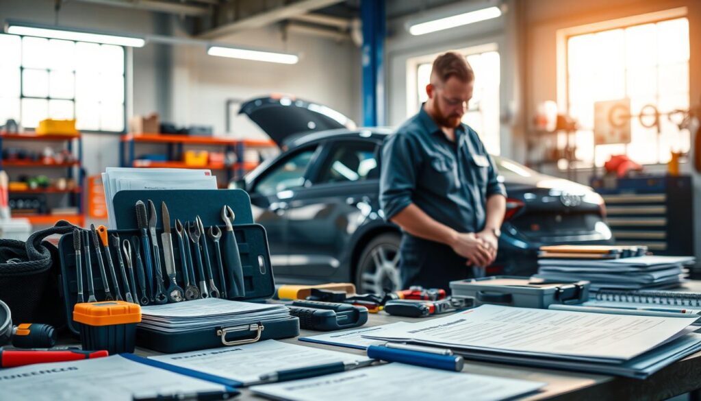 A detailed and organized image of "vehicle inspection packs at ADAC and nearby locations." In the foreground, display a well-organized array of inspection tools, manuals, and vehicle inspection documents on a workbench, illuminated with warm, natural lighting. In the middle ground, depict a mechanic in professional attire, carefully inspecting a car, showcasing a focused expression as they examine the vehicle's bodywork for any damages. The background should feature a modern vehicle inspection facility with bright overhead lighting, large windows letting in daylight, and shelves stocked with automotive tools and safety equipment. The overall atmosphere should convey professionalism, attention to detail, and a commitment to quality repair work. A detailed and organized image of "vehicle inspection packs at ADAC and nearby locations." In the foreground, display a well-organized array of inspection tools, manuals, and vehicle inspection documents on a workbench, illuminated with warm, natural lighting. In the middle ground, depict a mechanic in professional attire, carefully inspecting a car, showcasing a focused expression as they examine the vehicle's bodywork for any damages. The background should feature a modern vehicle inspection facility with bright overhead lighting, large windows letting in daylight, and shelves stocked with automotive tools and safety equipment. The overall atmosphere should convey professionalism, attention to detail, and a commitment to quality repair work.
